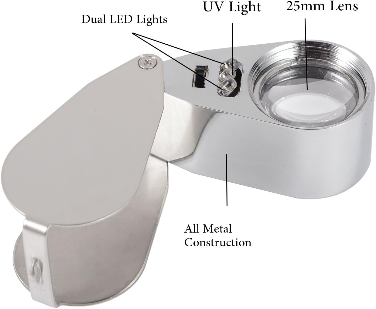 40X Full Metal Illuminated Jewelry Loop Magnifier, XYK Pocket Folding Magnifying Glass Jewelers Eye Loupe with
