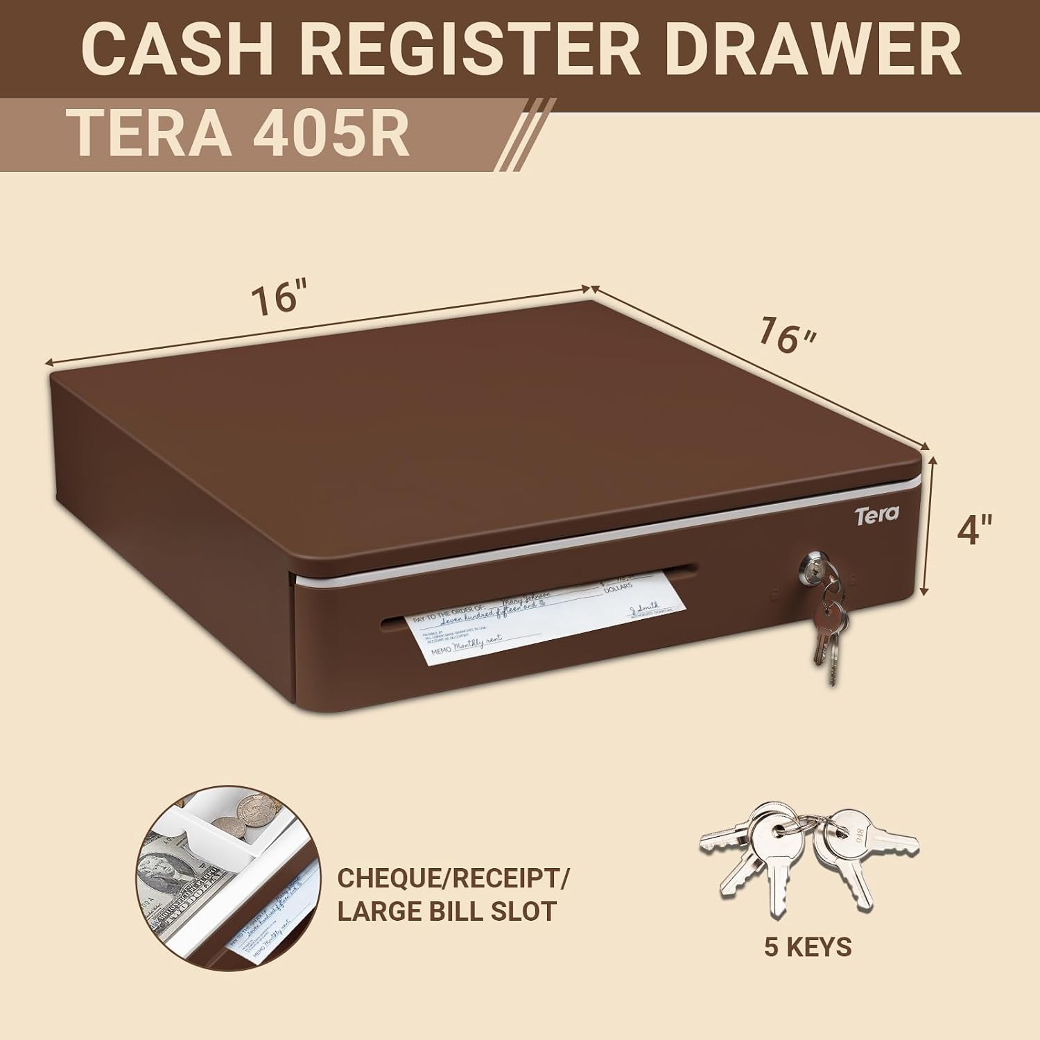 16 inch Cash Drawer: with Micro Switch Auto Open Heavy Duty Insert Tray 5 Bill 8 Coin for POS System Removable Cash