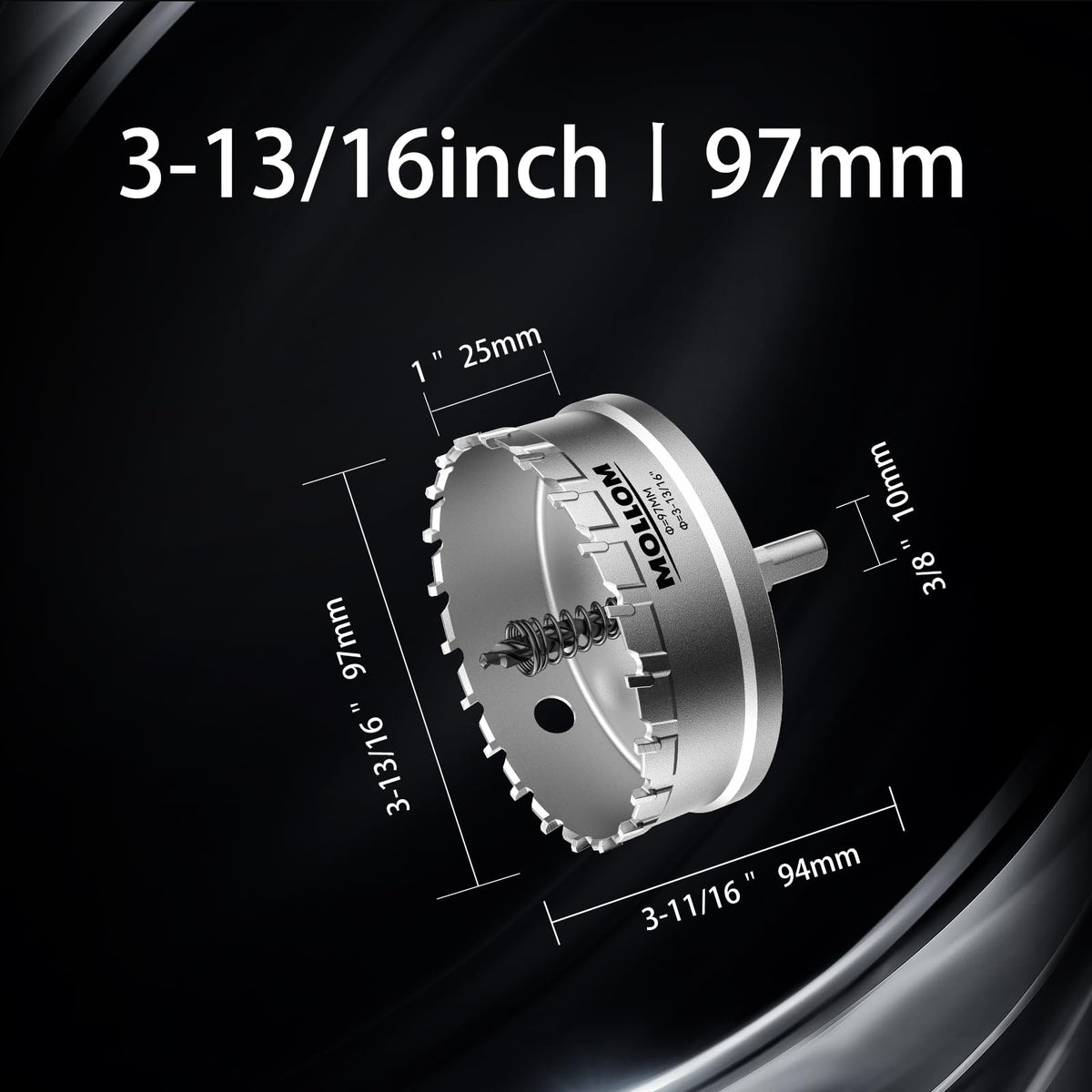 Mollom 3-13/16" (97mm) Heavy Duty Carbide Hole Saw with 2 Pilot Bits