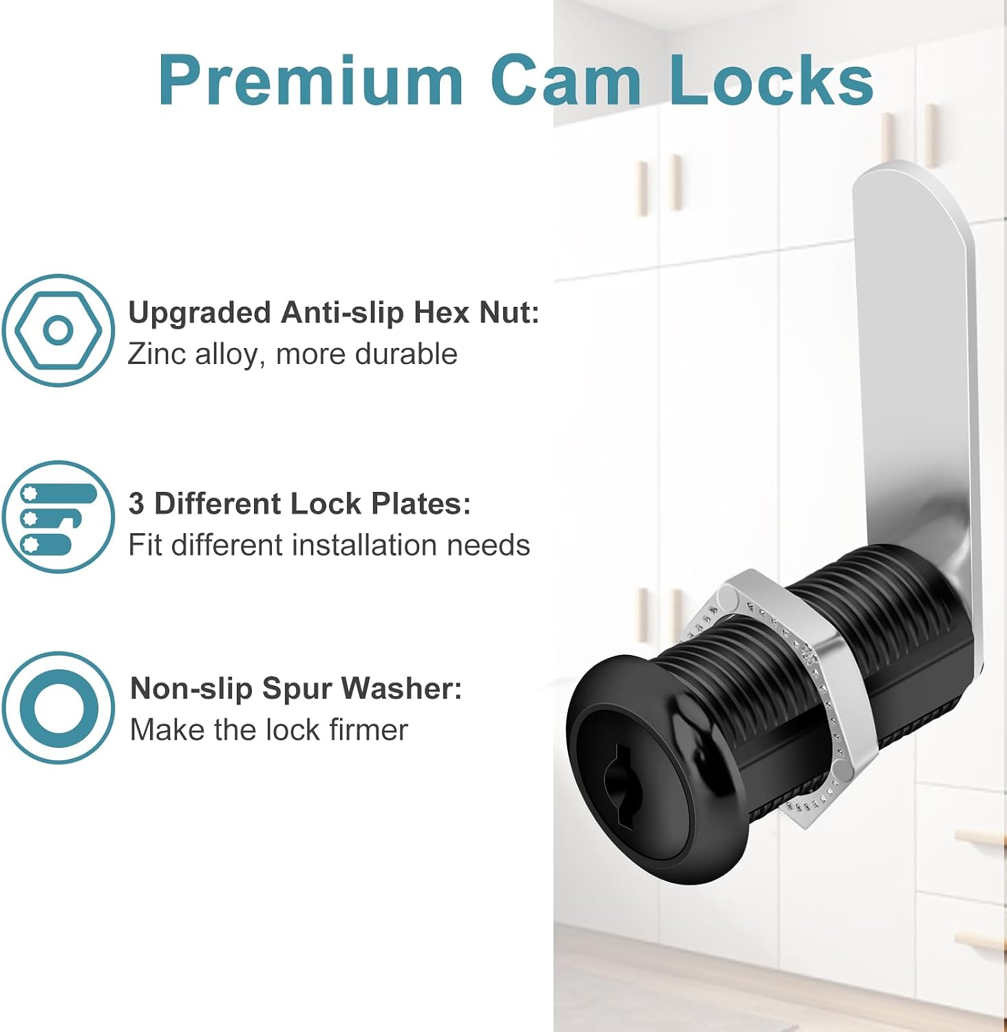 Cabinet Cam Lock Keyed Alike Black 1-1/2 Inch Cam Locks with Keys Secure Files Drawers RV Storage Locks Replacement