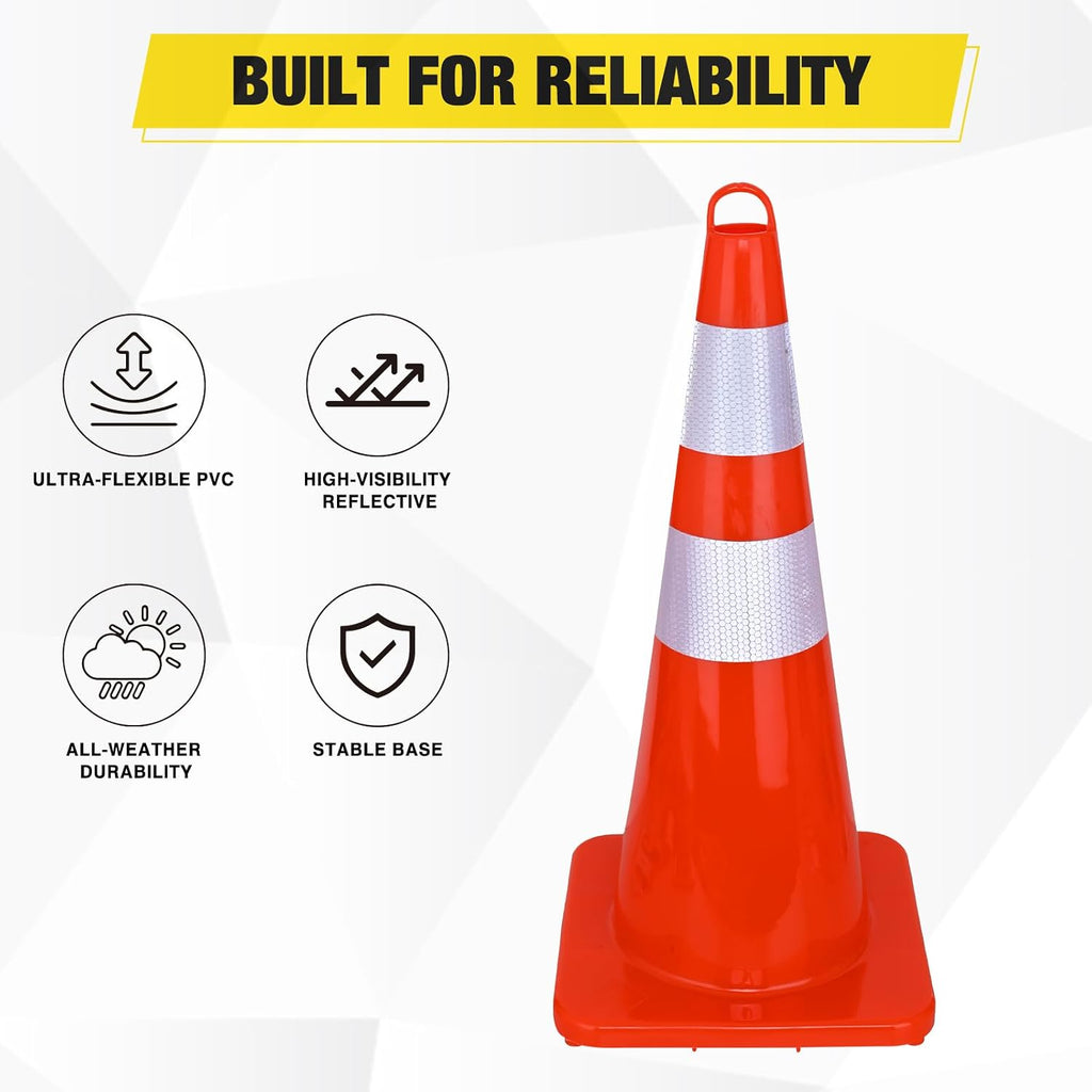 28 Inch PVC Traffic Safety Cones, 4-Pack | Flexible PVC Construction, With Reflective Collars, Ideal for Road Safety