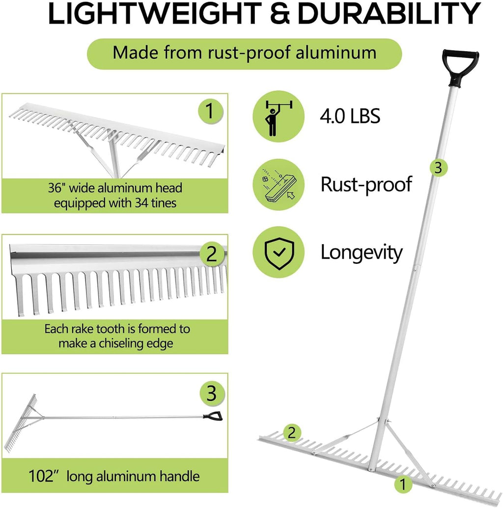 Floating Lake Rake, 36" Aluminum All Purpose Lake and Landscape Rake with 102'' Extension Handle and 52Ft Rope, Weed