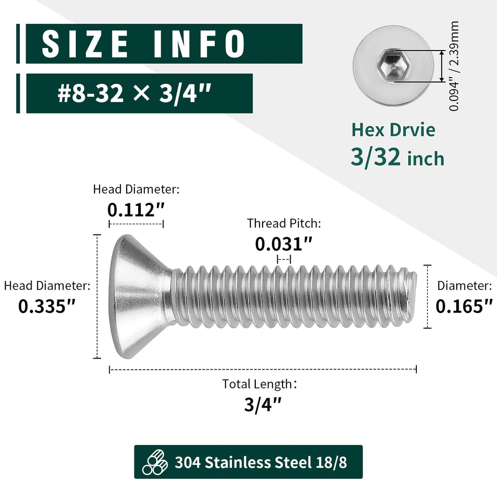 #8-32 x 3/4" Flat Countersunk Head Socket Cap Screws, 304 Stainless Steel 18-8 SS, Full Machine Thread Coverage, Allen Hex Drive, 50 PCS