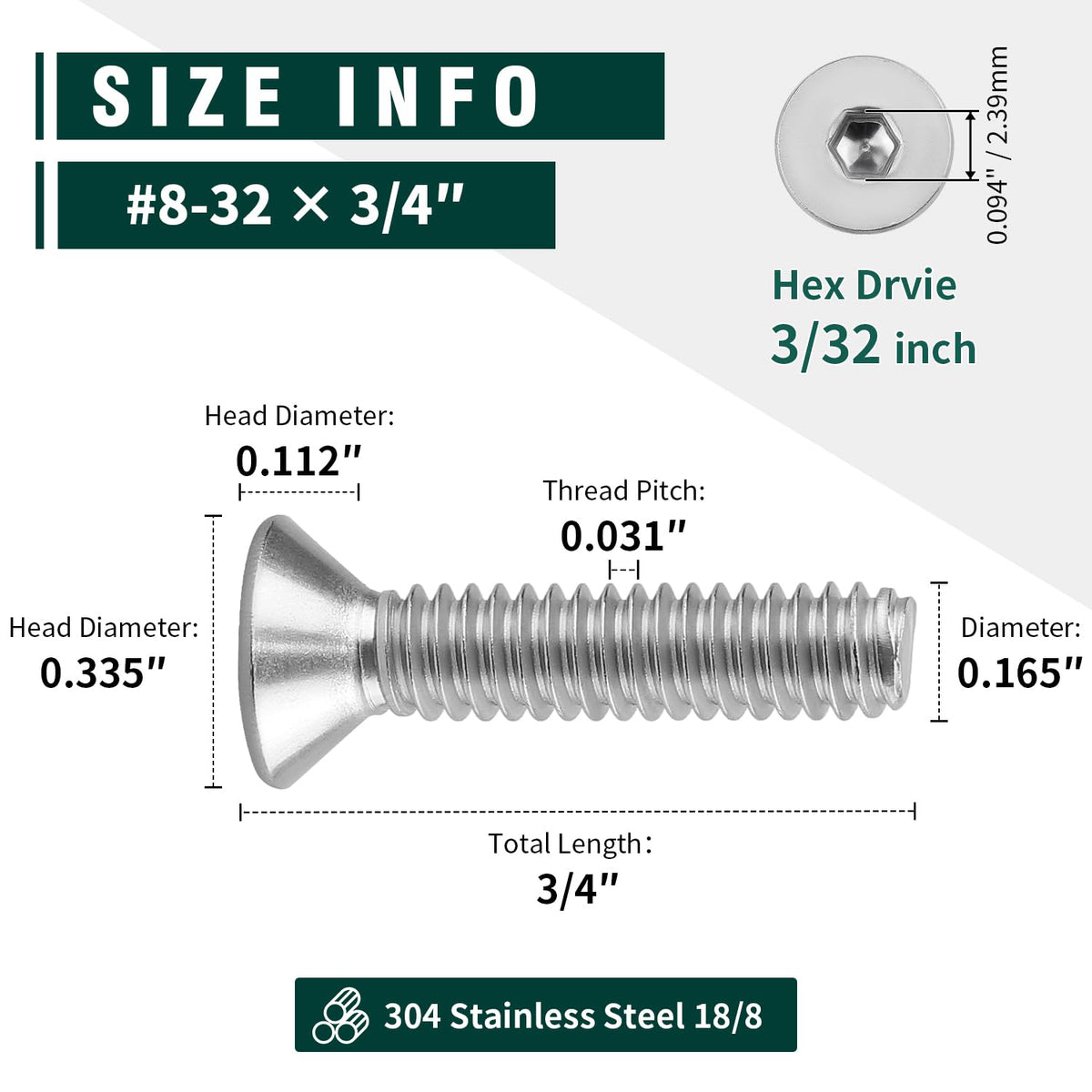 #8-32 x 3/4" Flat Countersunk Head Socket Cap Screws, 304 Stainless Steel 18-8 SS, Full Machine Thread Coverage, Allen Hex Drive, 50 PCS