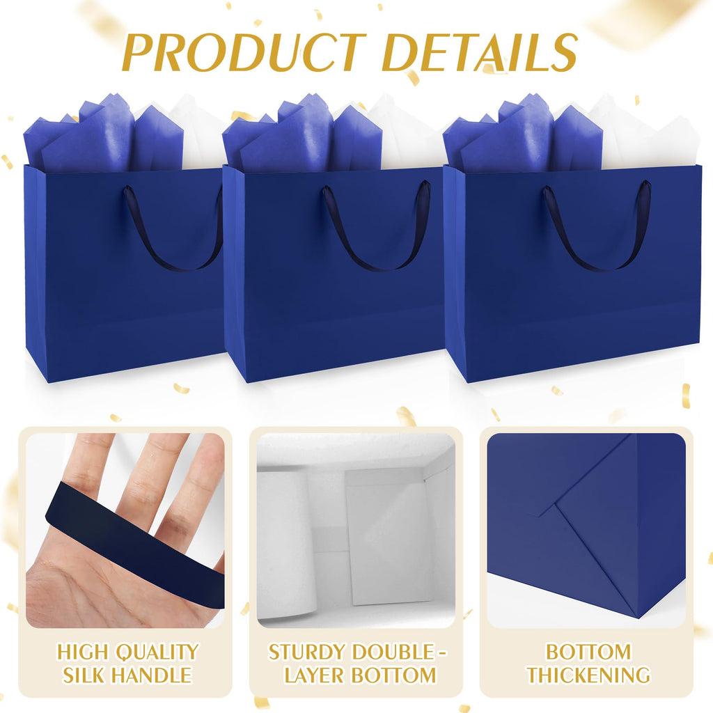 5 Pack Large Blue Gift Bags with Handles & 10 Tissue Papers
