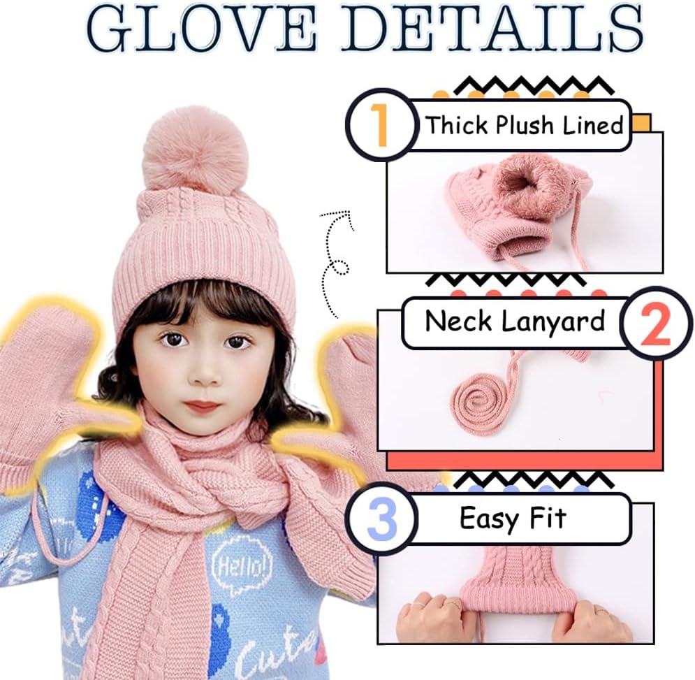 Kids Winter Hat Scarf Mittens Set Toddler Knitted Beanie Girls Fleece Children Neck Warmer Boys Warm Gloves 2-7 Years
