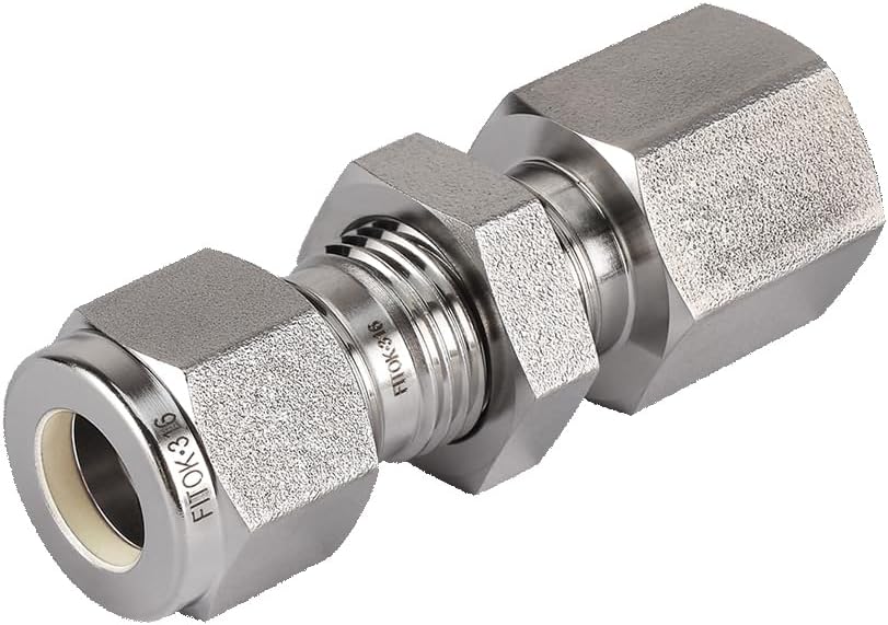 316 Stainless Steel Bulkhead Connector 3/8" Tube OD x 1/4" Female NPT Compression Fitting 6600 psi, SS-BCF-FL6-NS4