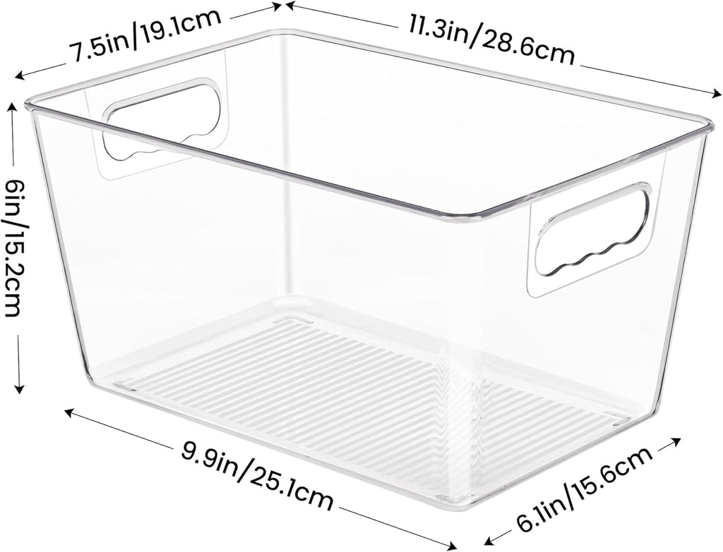 6 Pack Clear Pantry Organizer Bins, Plastic Containers with Handle for Kitchen,Freezer,Cabinet,Closet,Bathroom Under