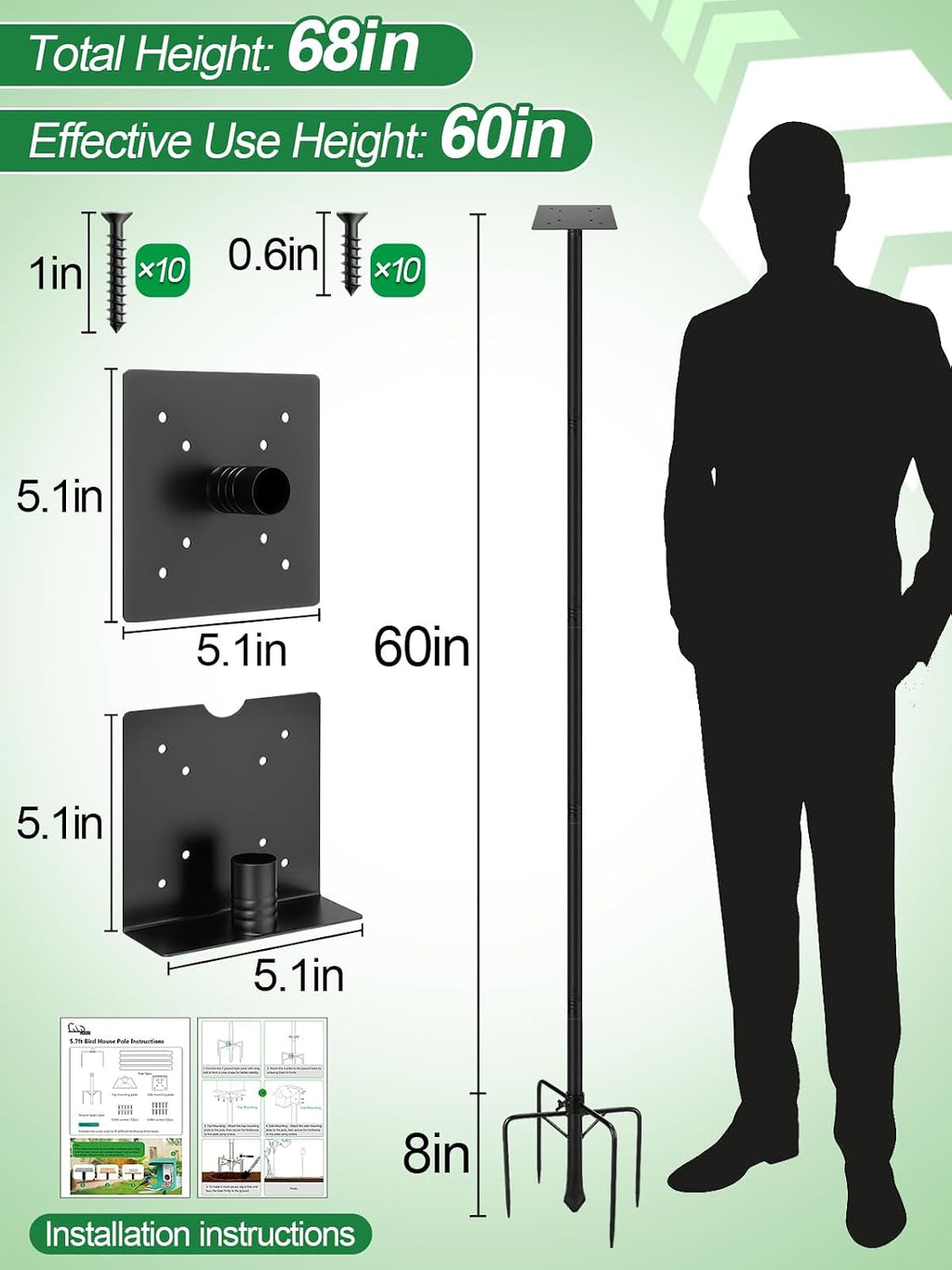 68in Adjustable Bird Feeder Pole for Outdoors | With Stable 5 Prong Base, Heavy-Duty, Bluebird House Support Rod