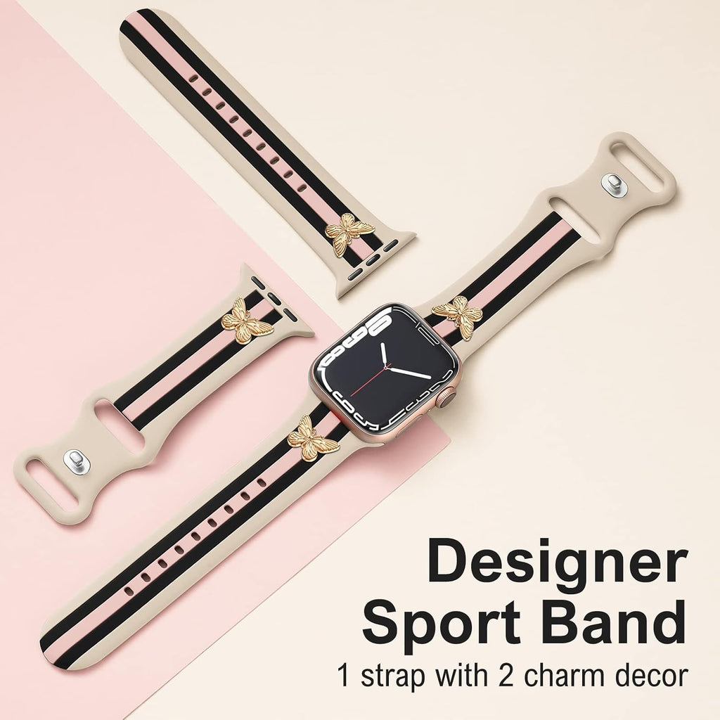 Designer Band with Charms Decor Compatible with Apple Watch Band Women Men | Stylish Silicone Sport Watch Bands for