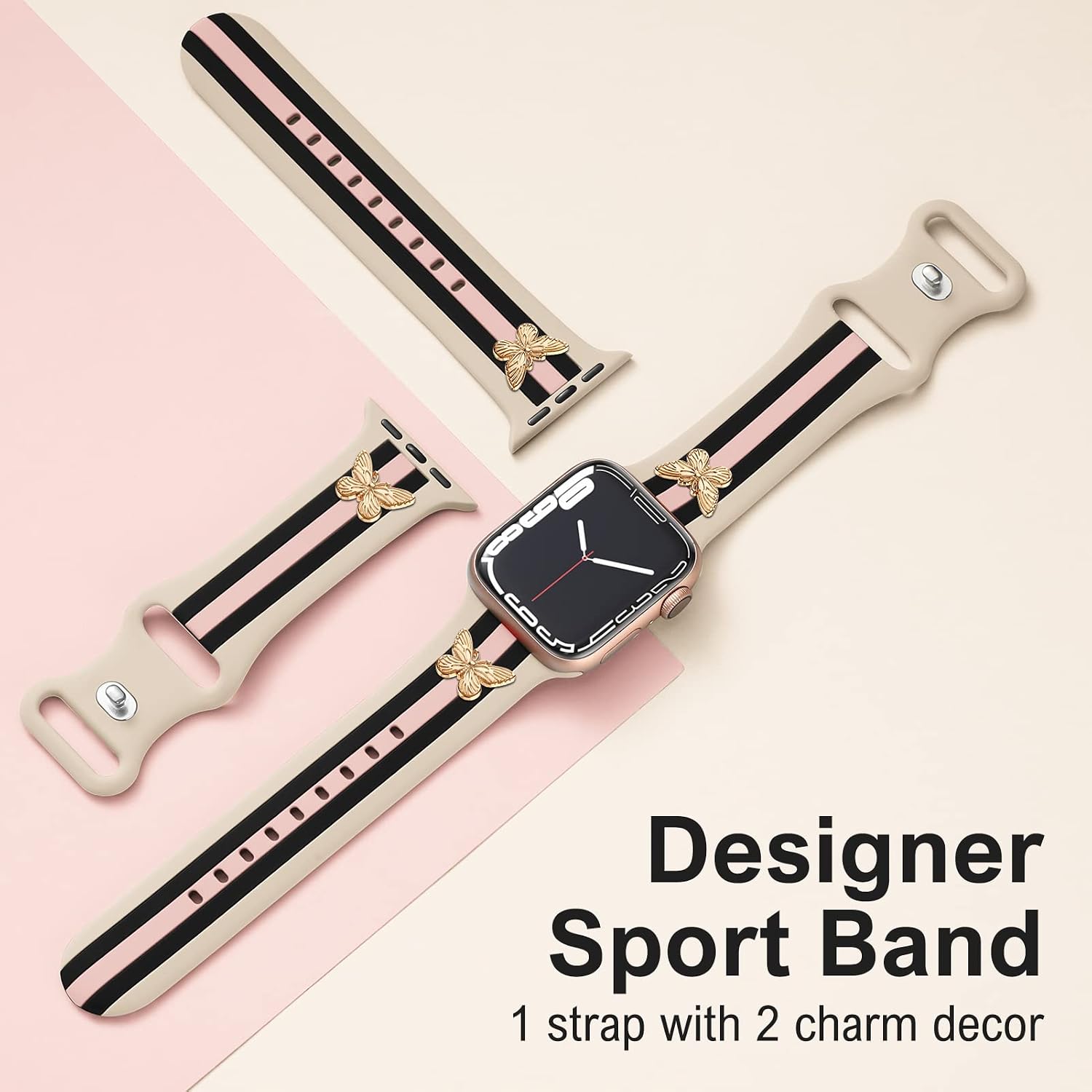 Designer Band with Charms Decor Compatible with Apple Watch Band Women Men | Stylish Silicone Sport Watch Bands for