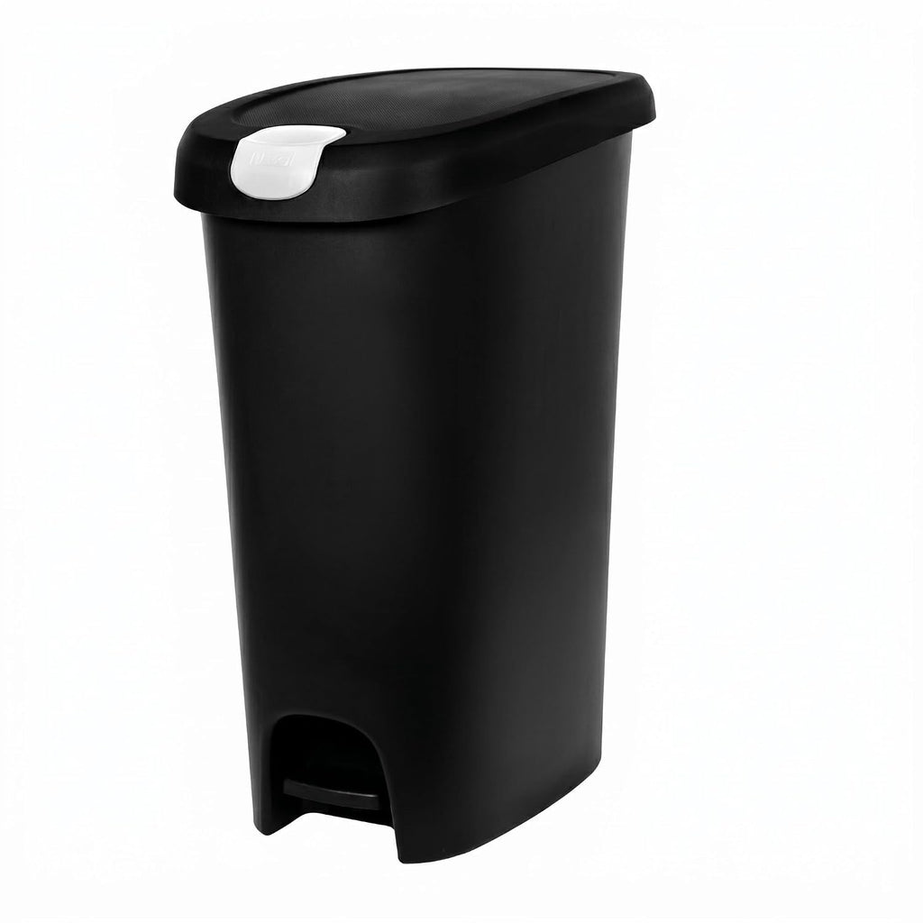 Kitchen Trash Can, 12 Gallon Plastic Slim Step Garbage Bin with Locking Foot Pedal Lid, Hands-Free Black Trash Can