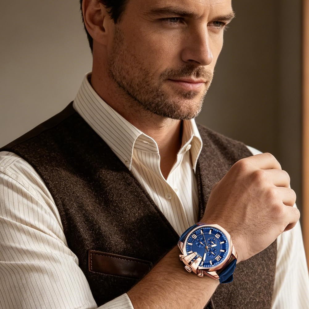 Mens Leather Watches Fashion Simple Casual Chronograph Watch for Men | Leather, Analog Quartz, Luminous, 30M