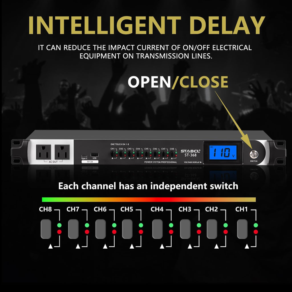 Professional 10 Socket Power Conditioner/Surge Sequencer with USB and Type-C Charger.3300W Rack Mount Audio Power