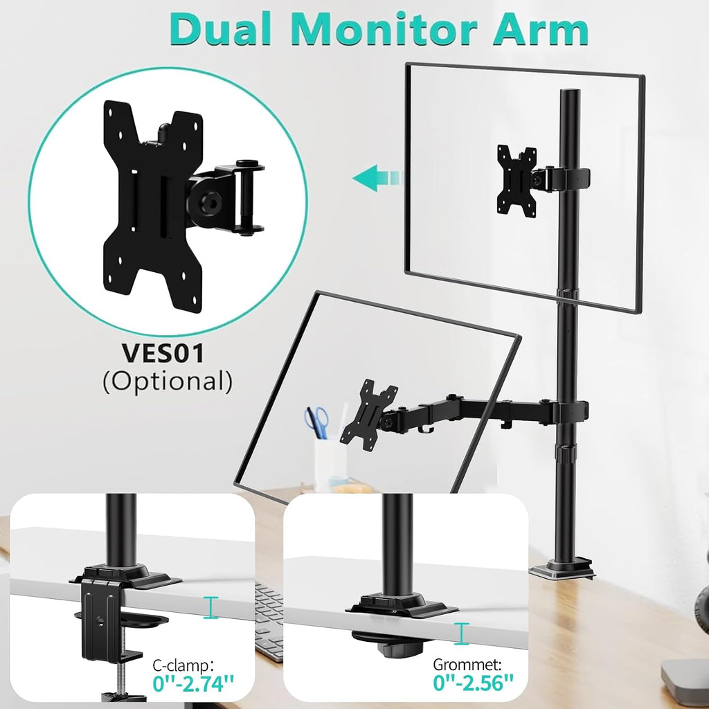 Tall Monitor Arm Mount for Desk for 13-34 inch Screens, 22 lbs per Arm | Single Extra Tall Monitor Mount, Full Motion