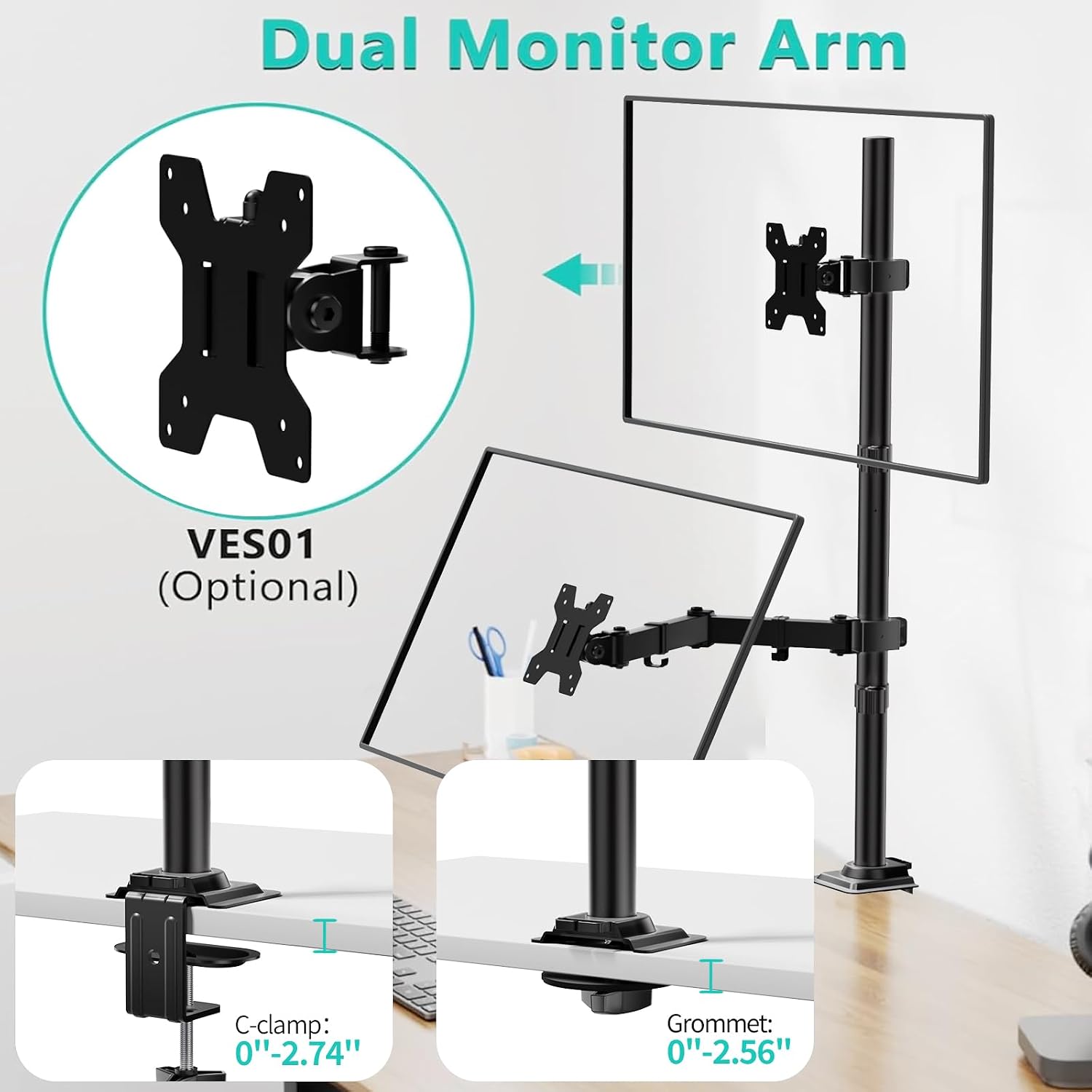 Tall Monitor Arm Mount for Desk for 13-34 inch Screens, 22 lbs per Arm | Single Extra Tall Monitor Mount, Full Motion