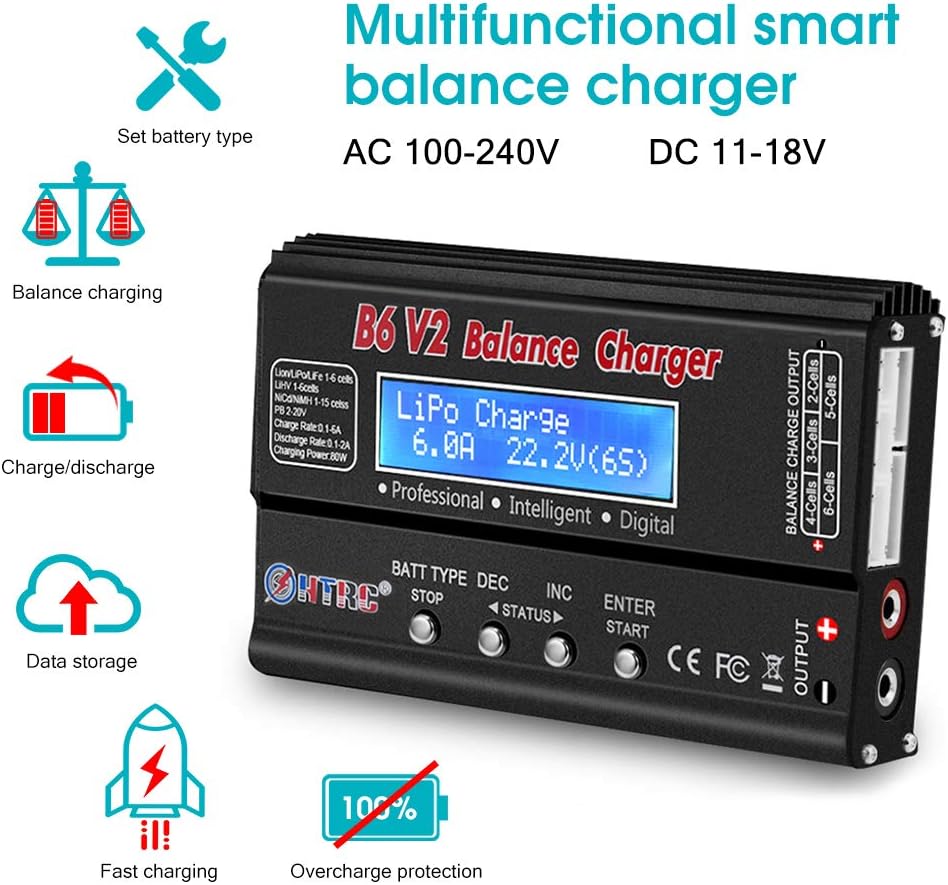 LiPo Battery Charger RC Car Balance Charger, 1S-6S Digital Discharger Battery Pack Charger 80W 6A for Li-ion Life