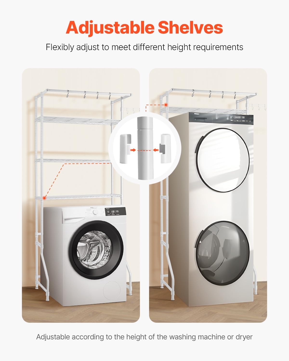 Over the Washer and Dryer Storage Shelf, 3 Tier Laundry Room Drying Rack with Hanger Rod and Hooks, Adjustable Over