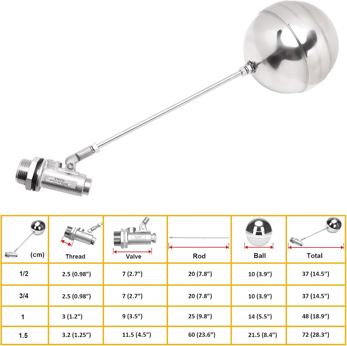 Stainless Steel Float Ball Valves - 1" NPT Male Thread Flow Control Float Sensor Valve Automatic Water Level Control Float For Tank Pond Water Tower