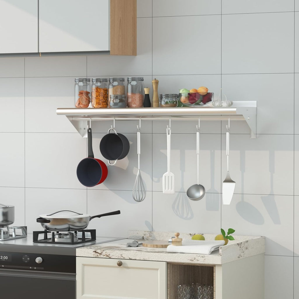 Stainless Steel Shelf with 6 Hooks 12" x 48" Commercial Pot Rack