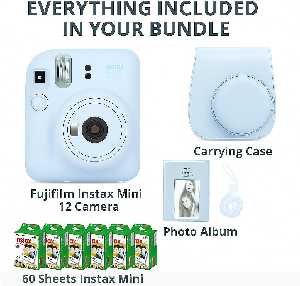 Instax Mini 12 Instant Camera Clay White & 60 Fuji Film Sheets | Bundle with Sturdy Tiger Accessories, Carrying Case
