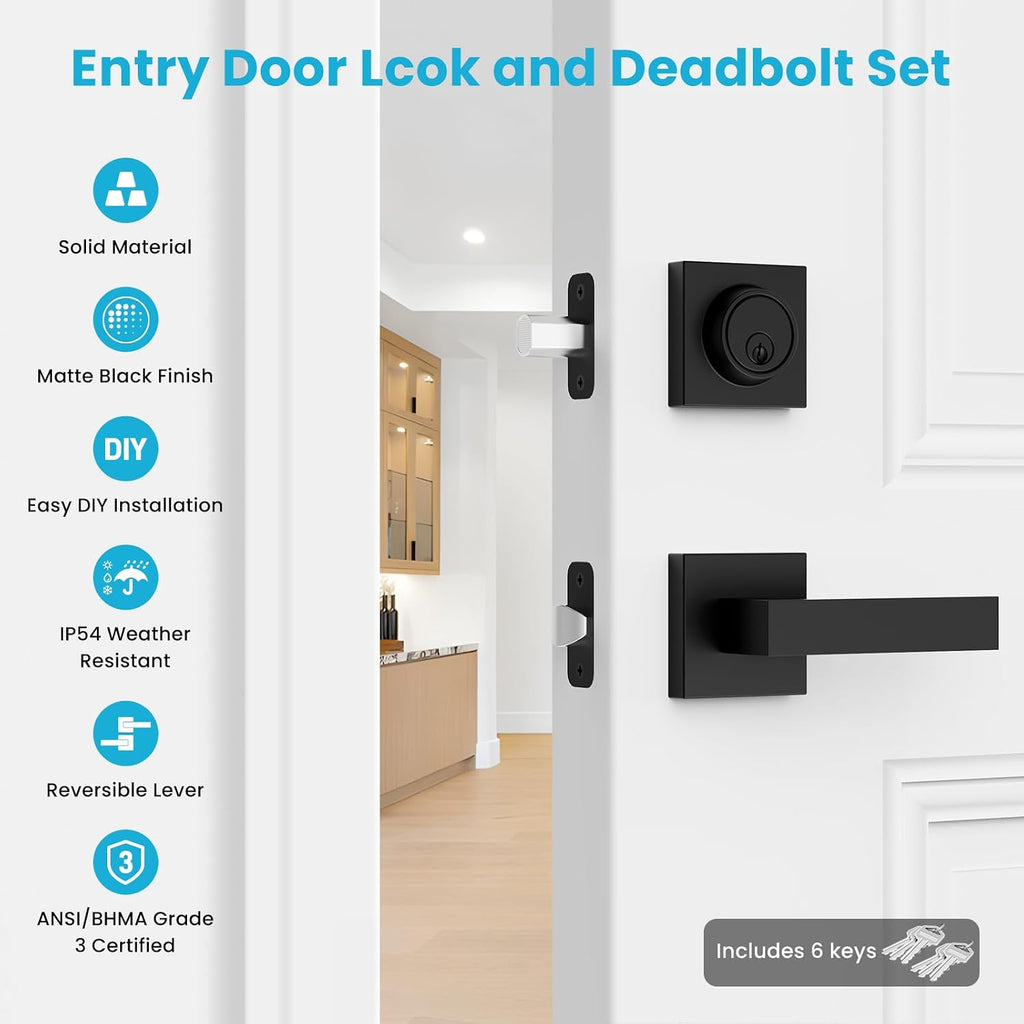 Exterior Door Lock Sets, Matte Black Passage Door Handle and Single Cylinder Deadbolt Lock Combo, Modern Square Door