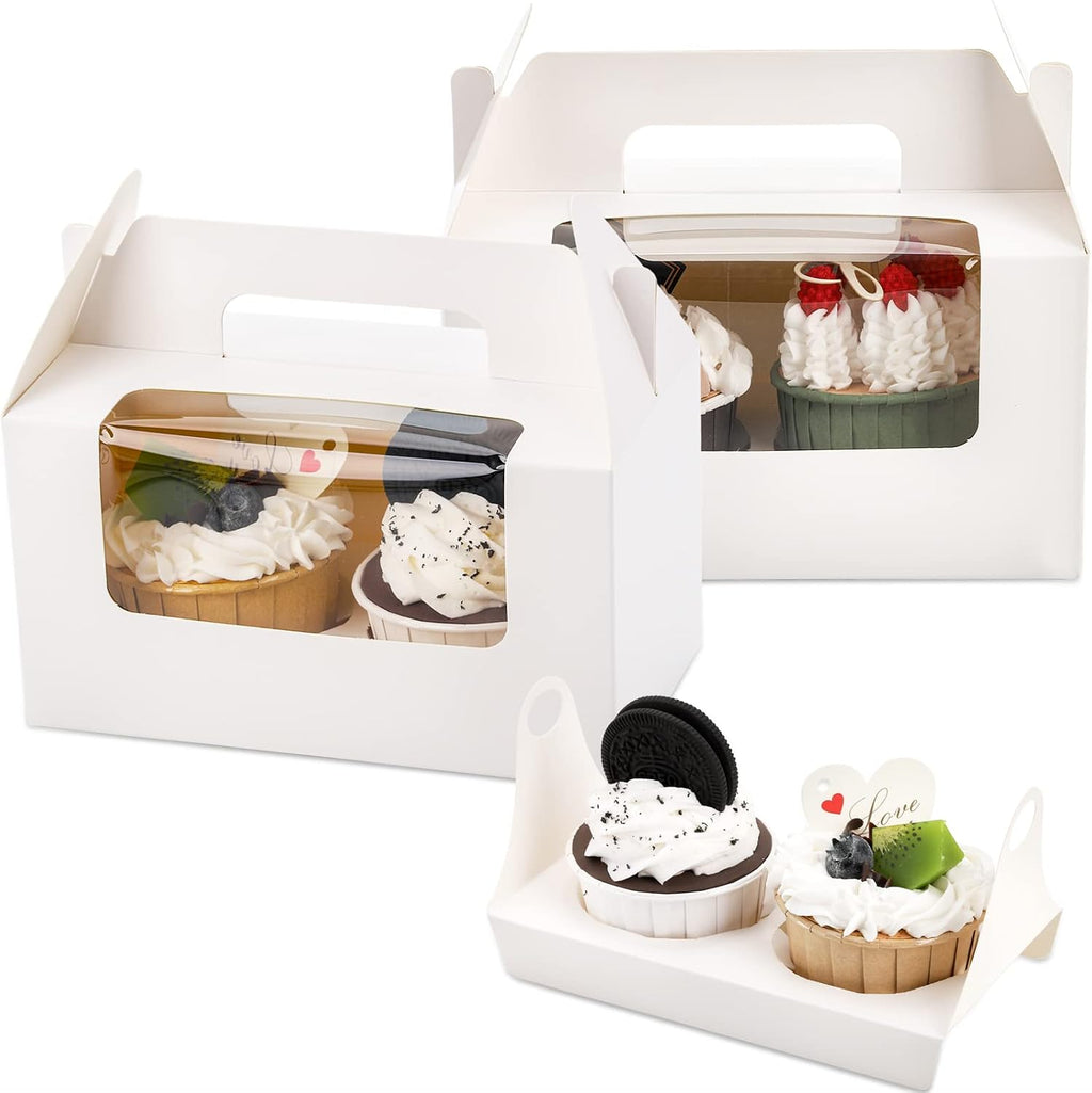 60 Pack 2 Count White Paper Cupcake Boxes with Insert, Handle and Window, Portable Cupcake Muffin Containers, Gable