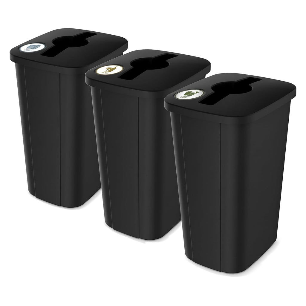 Recycling Bin System, 3 Pack Waste Sorting Containers with Stickers, Plastic Trash Cans for Kitchen Garage Home