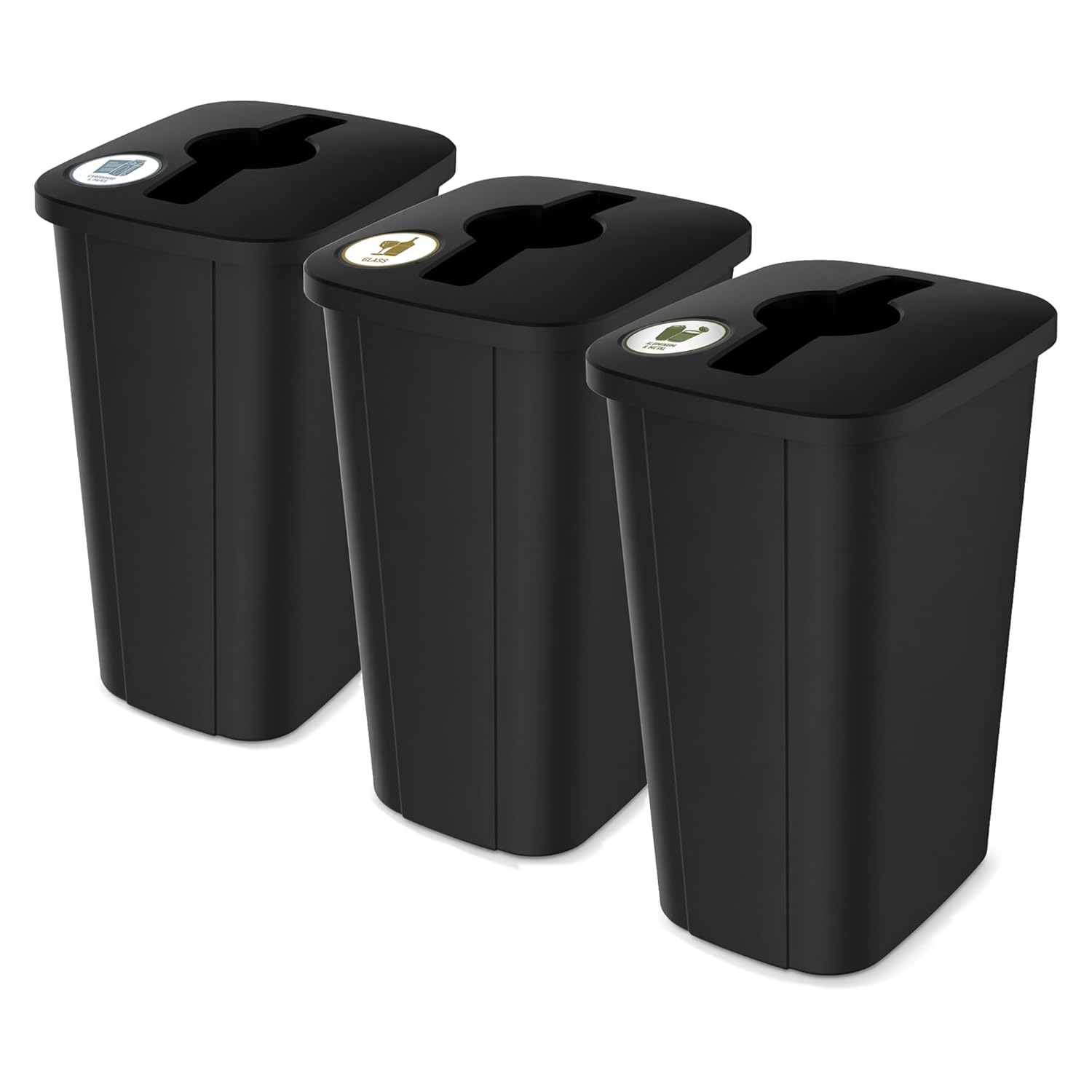 Recycling Bin System, 3 Pack Waste Sorting Containers with Stickers, Plastic Trash Cans for Kitchen Garage Home
