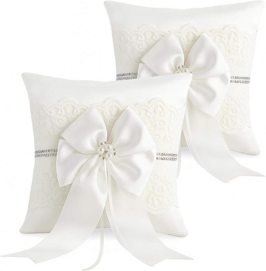 Wedding Ring Bearer Pillow: 8.2 x 8.2 Inch Ring Cushion with Lace & Pearl Bow – Ceremony Ring Holder for Flower Boy