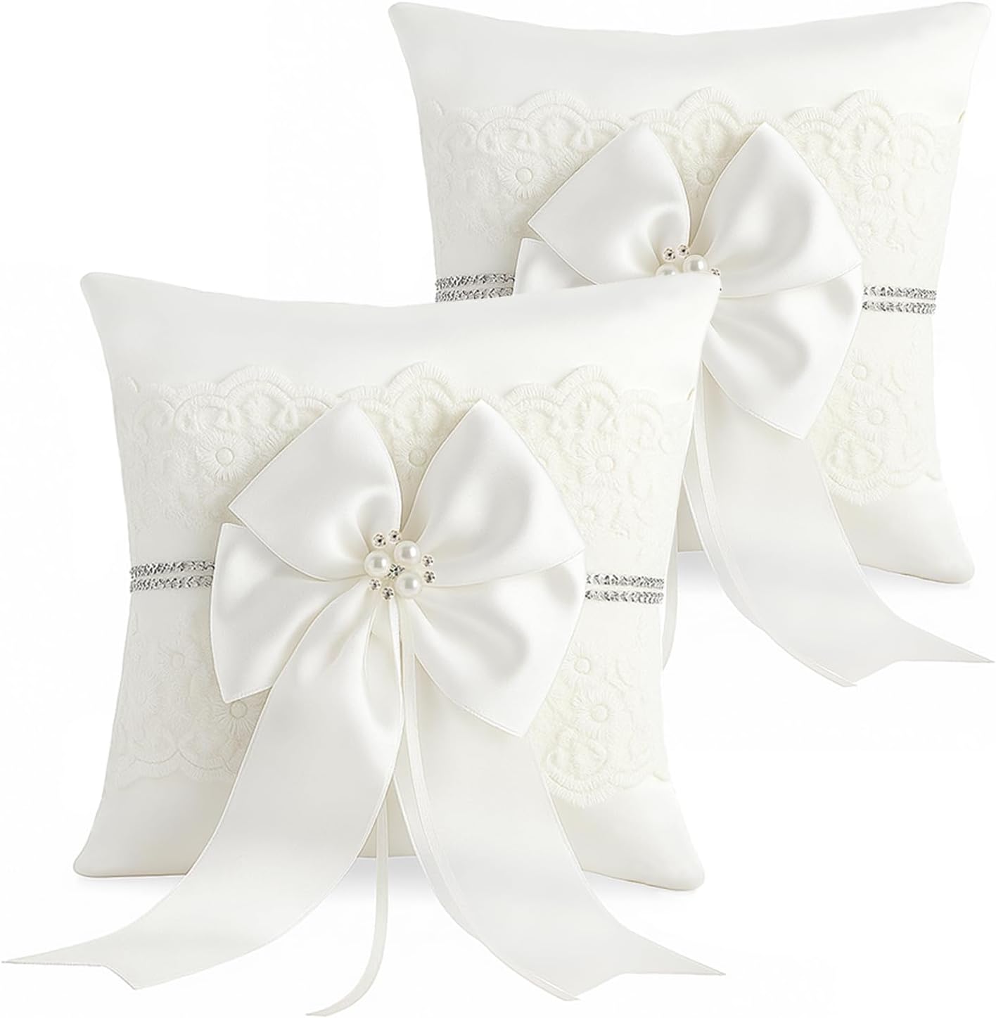 Wedding Ring Bearer Pillow: 8.2 x 8.2 Inch Ring Cushion with Lace & Pearl Bow – Ceremony Ring Holder for Flower Boy