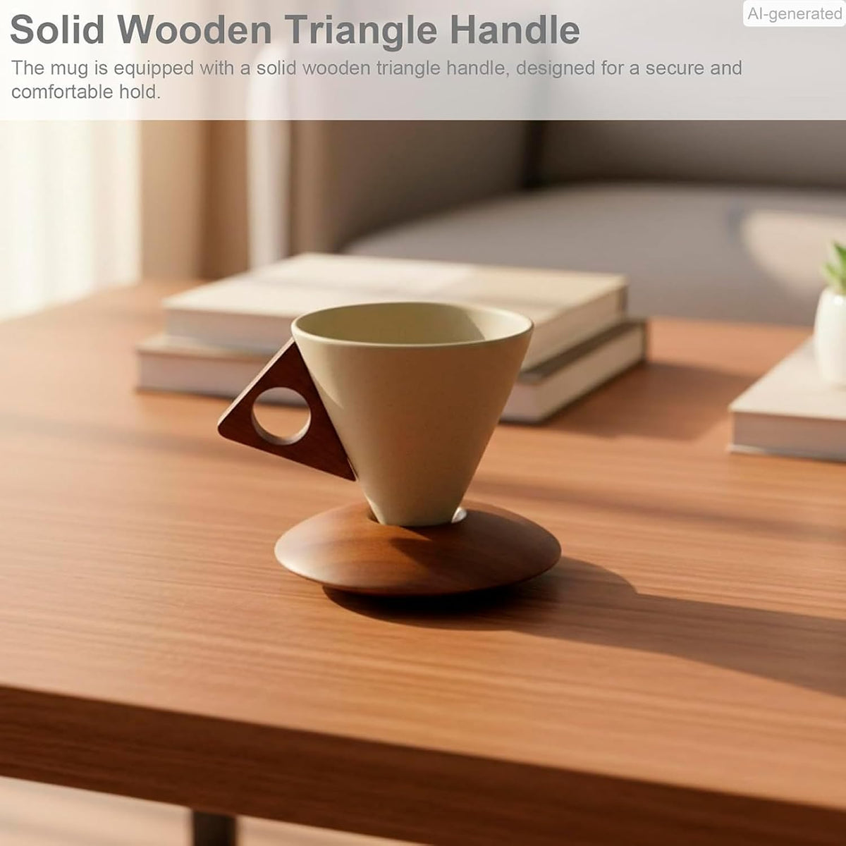Cone Ceramic Coffee Mug with Acacia Wood Base - Conical Espresso Cup Set, Solid Wooden Triangle Handle and Coaster
