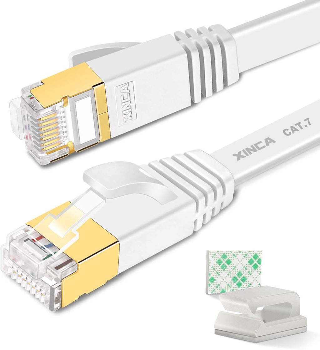 Cat 7 Flat Ethernet Cable 50ft White, High Speed 10GB Shielded (STP) LAN Internet Network Cable Ethernet Patch