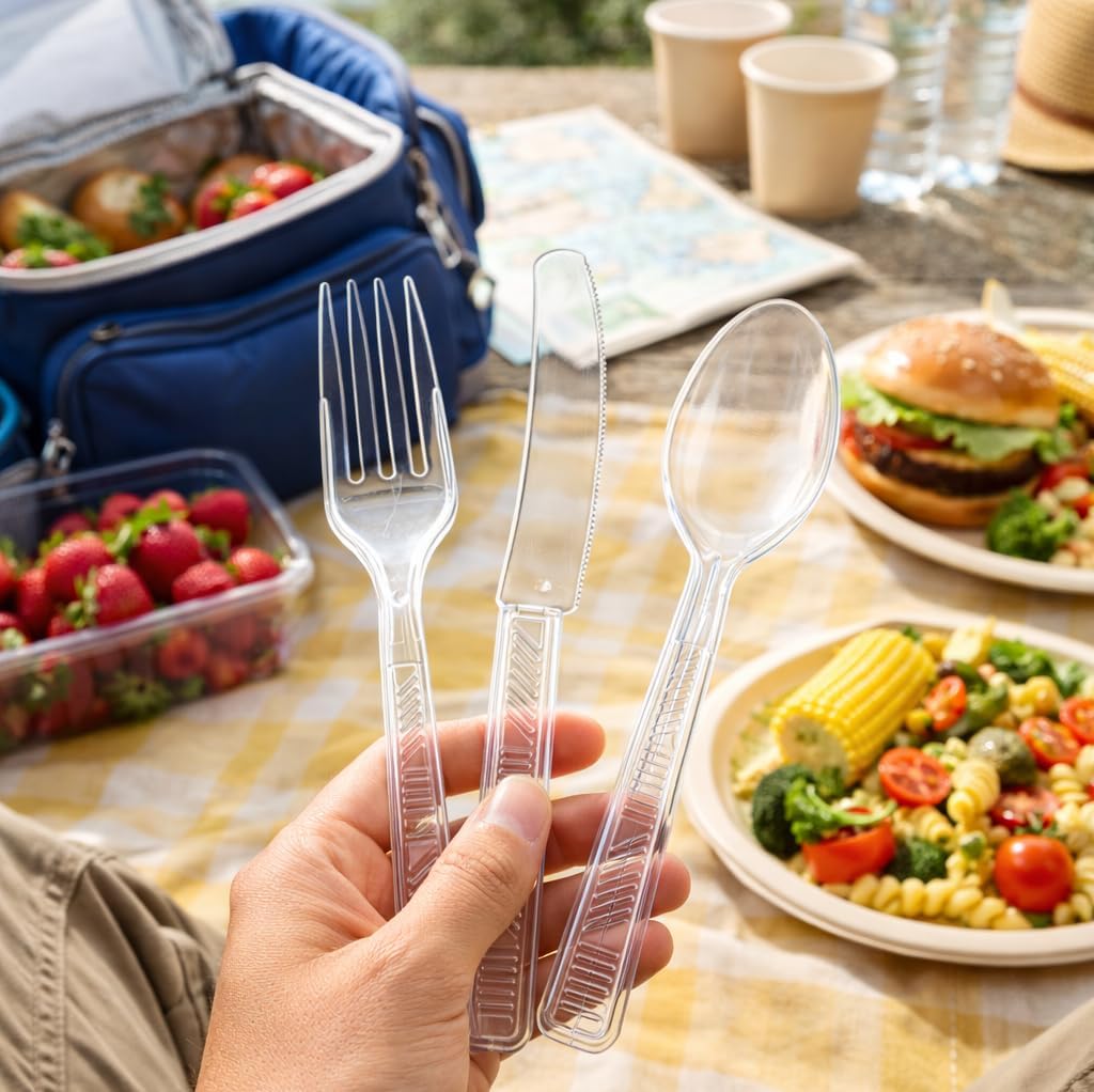 300 Count Plastic Cutlery Combo Box, Disposable Clear Plastic Silverware Utensils Set, 100 Forks, 100 Spoons, 100 Knives