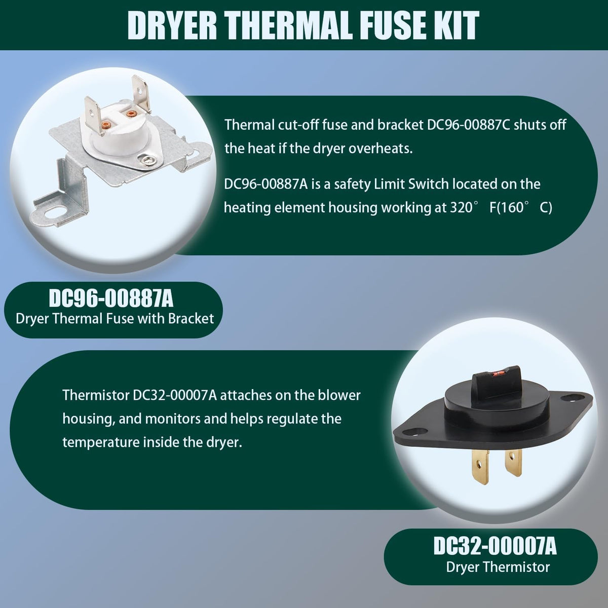 Dryer Thermostat, Thermistor and Thermal Fuse Replaces For Samsung DV209AEW/XAA DV210AEW/XAA DV218AEB/XAA DV218AEW/XAA DV219AEW/XAA DV220AEW/XAA DV306LEW/XAA DV328AEG/XAA DV328AEW/XAA DV330AEB/XAA