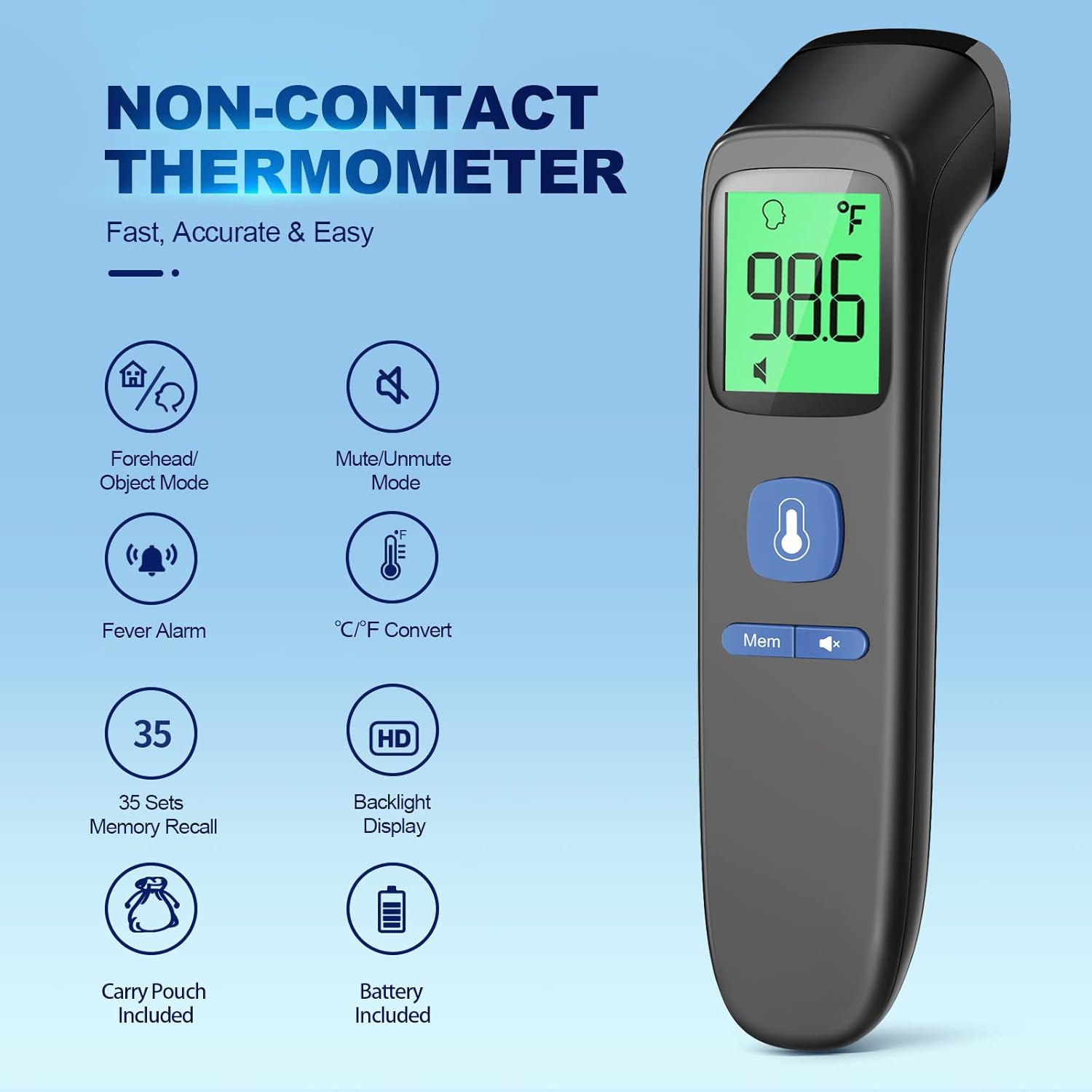 No-Touch Thermometer for Adults and Kids, Digital Baby Thermometer with Fever Alarm, 1 Second Fast Result, Easy to