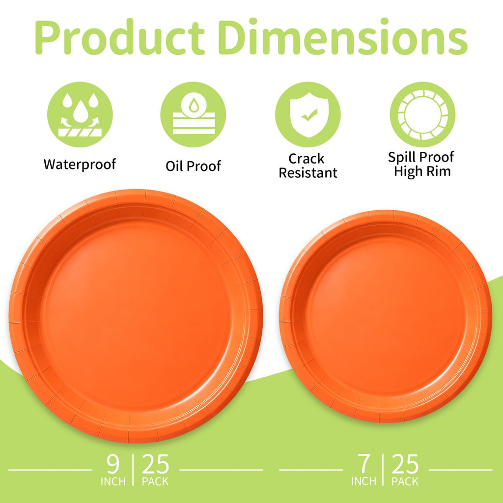 Orange Paper Plates - Disposable Plates for Party, 25-9" & 25-7"