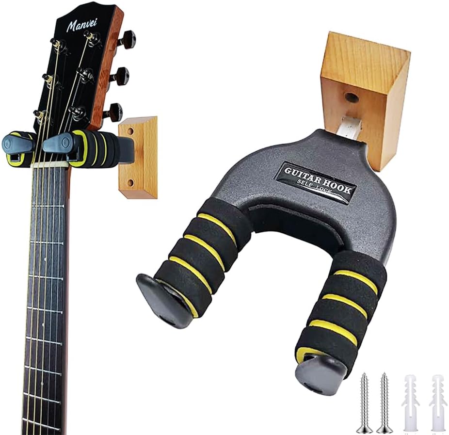 Non-Scratch Self Locking Guitar Wall Mount with Solid Wood Base | Auto Lock Guitar Hanger Hook for