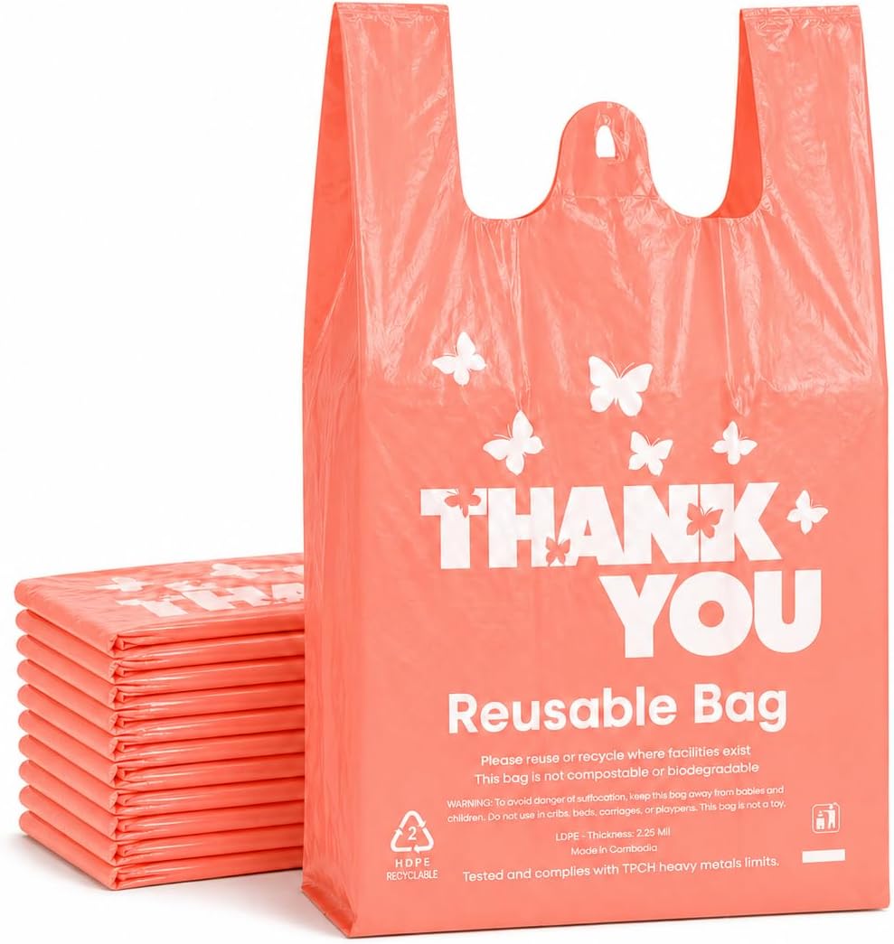 Reusable LDPE Shopping Bags with Handles 12x7x23, 2.25 Mil Thick, Pink, 50 Count