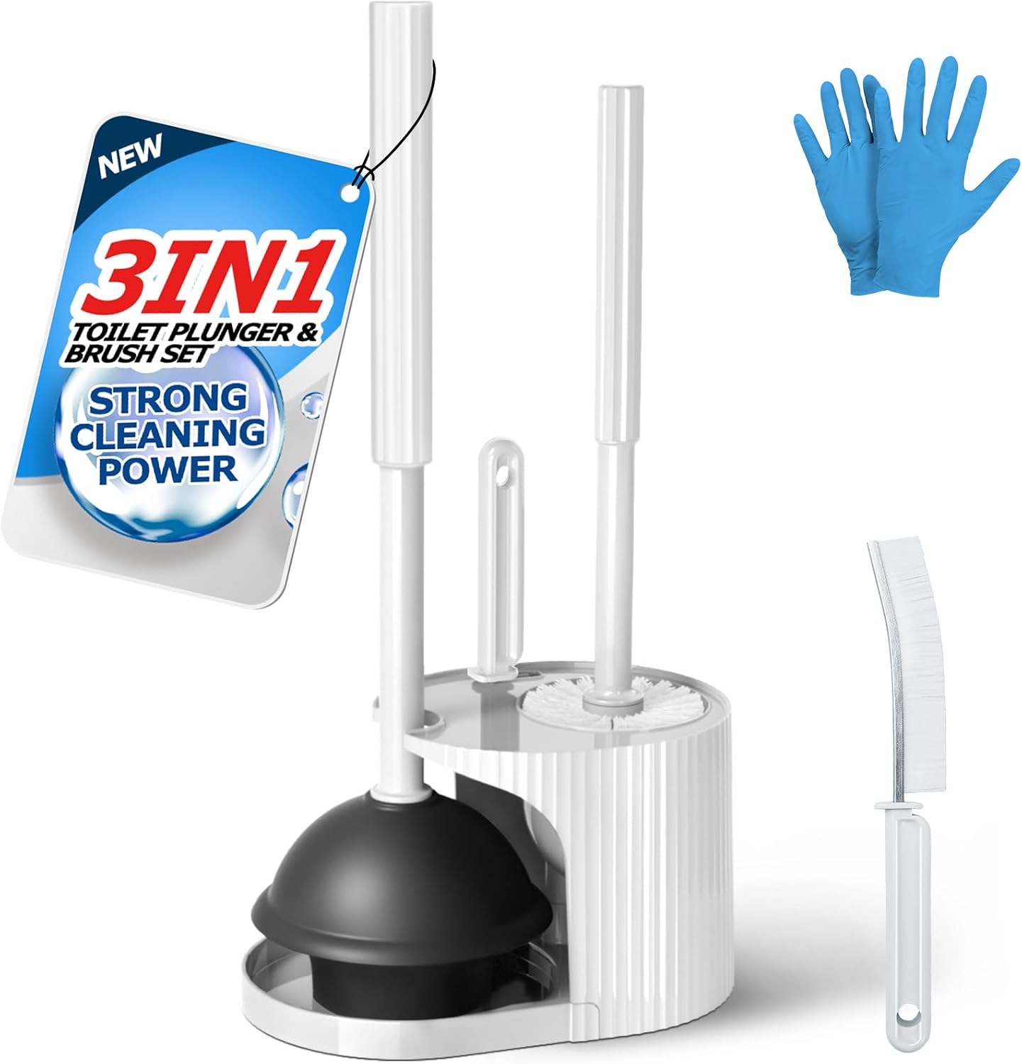 3IN1 Toilet Brush and Plunger Set with Holder Compact Cleaning Kit | White, long grip, suction cup, firm bristles