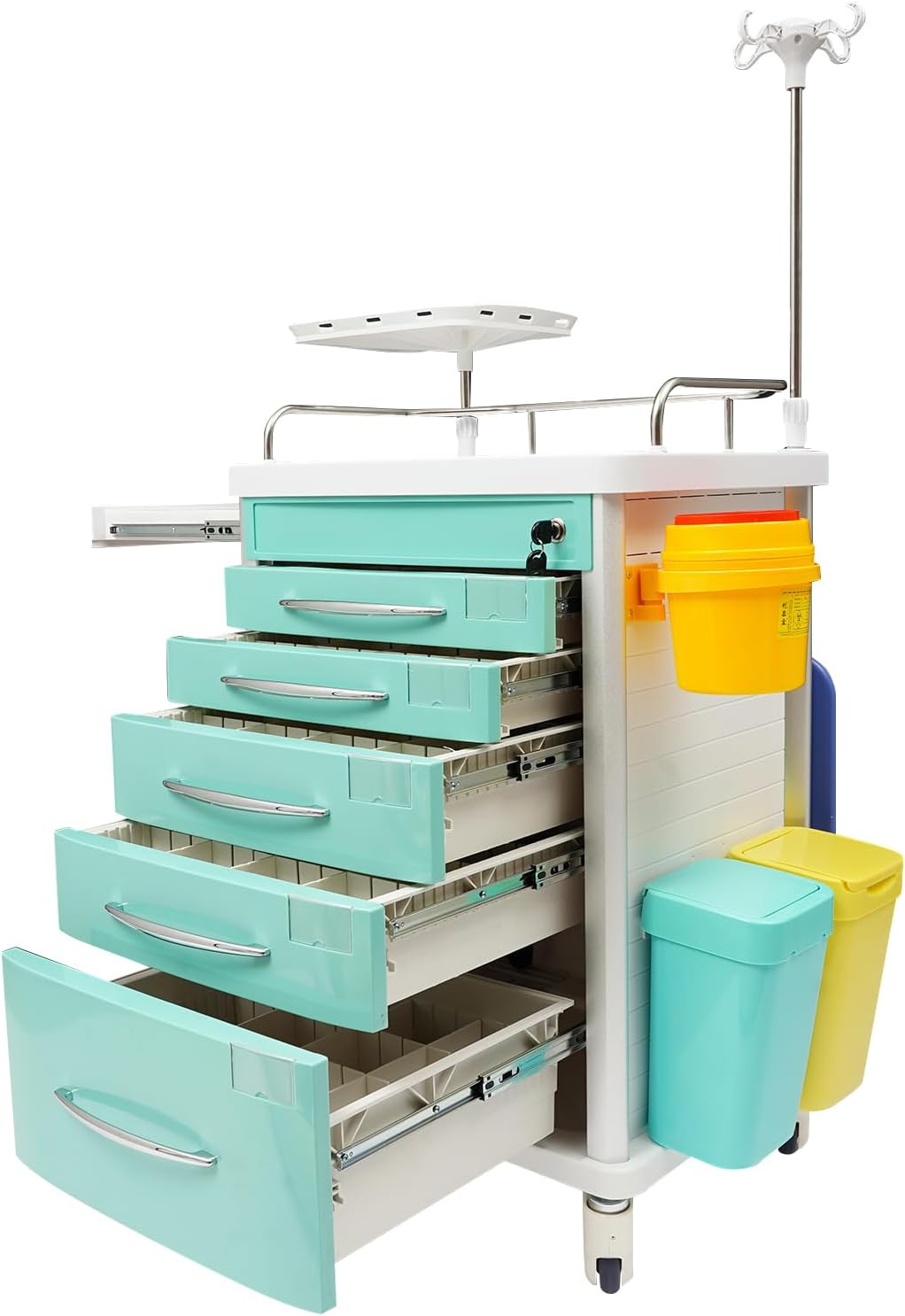 Rolling Medical Cart for Hospital – Emergency Crash Cart with 5 Drawers, Silent Casters, Power Strip, Adjustable IV