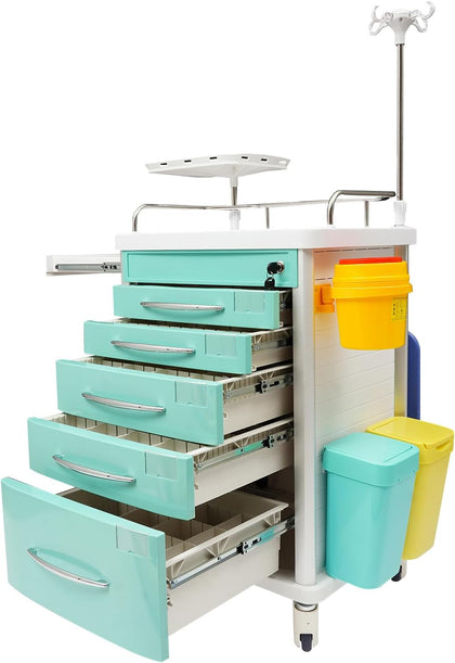 Rolling Medical Cart for Hospital – Emergency Crash Cart with 5 Drawers, Silent Casters, Power Strip, Adjustable IV