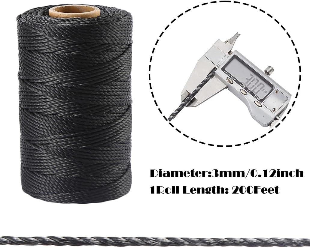 Black Nylon Twine 3mm 200ft UV Resistant Low Stretch Garden Camping Twisted