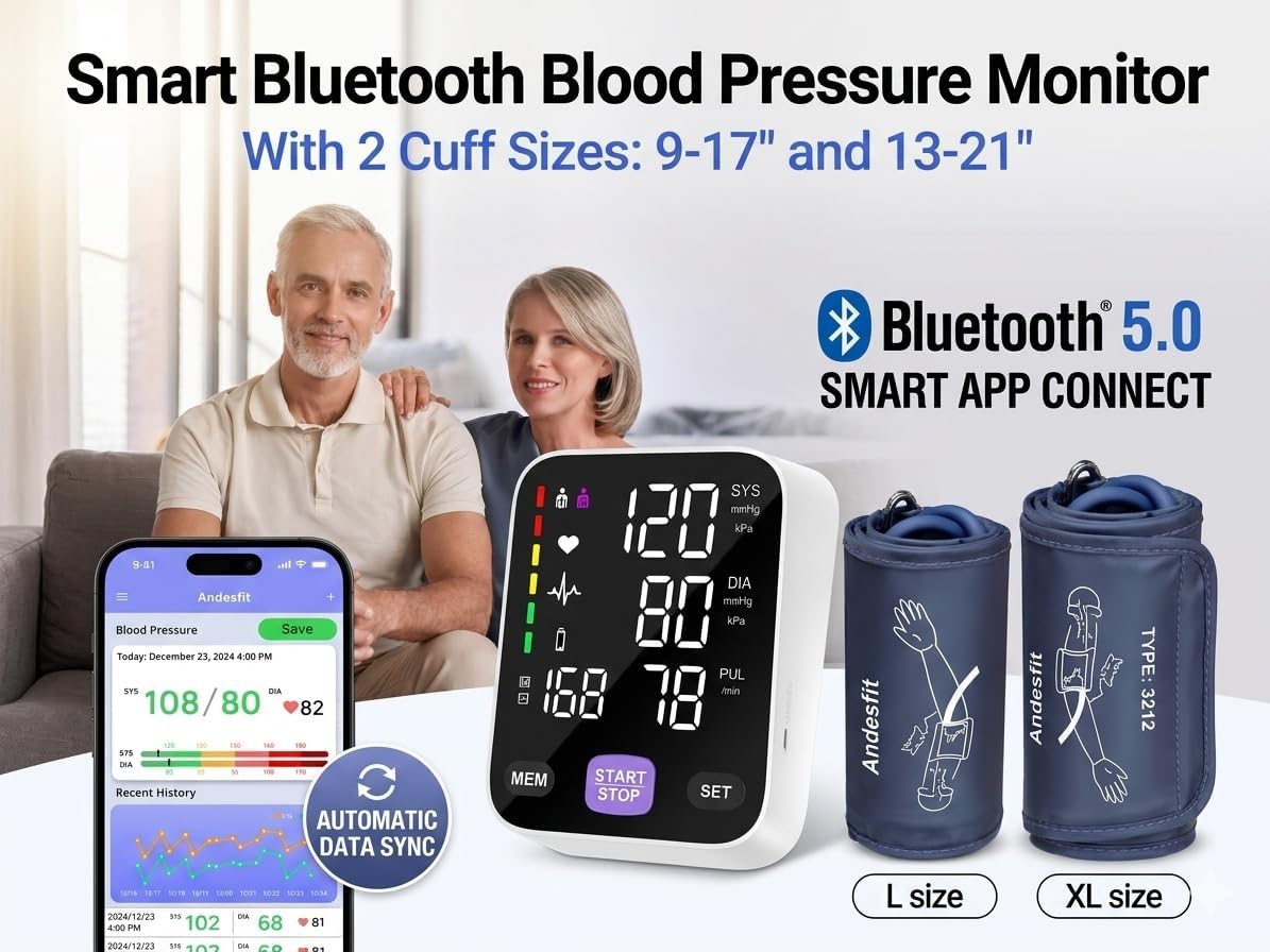 Upper Arm Blood Pressure Monitor for Home Use 17" Large & 21" XL Extra Large Cuff Big arm, Free APP Bluetooth Sync