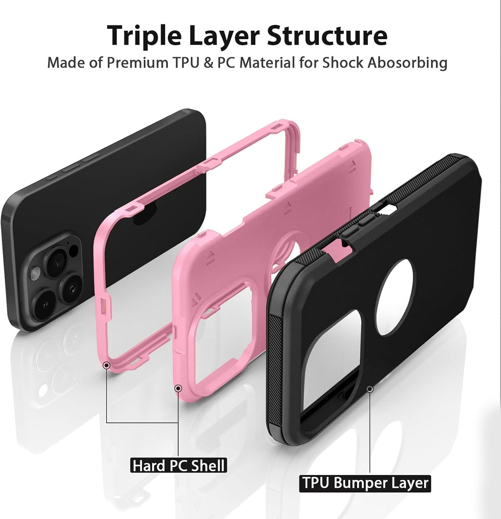 for iPhone 15 Pro Max Case Heavy Duty Drop Protection Black Pink | Drop Protection Screenless Dual Layer Shockproof
