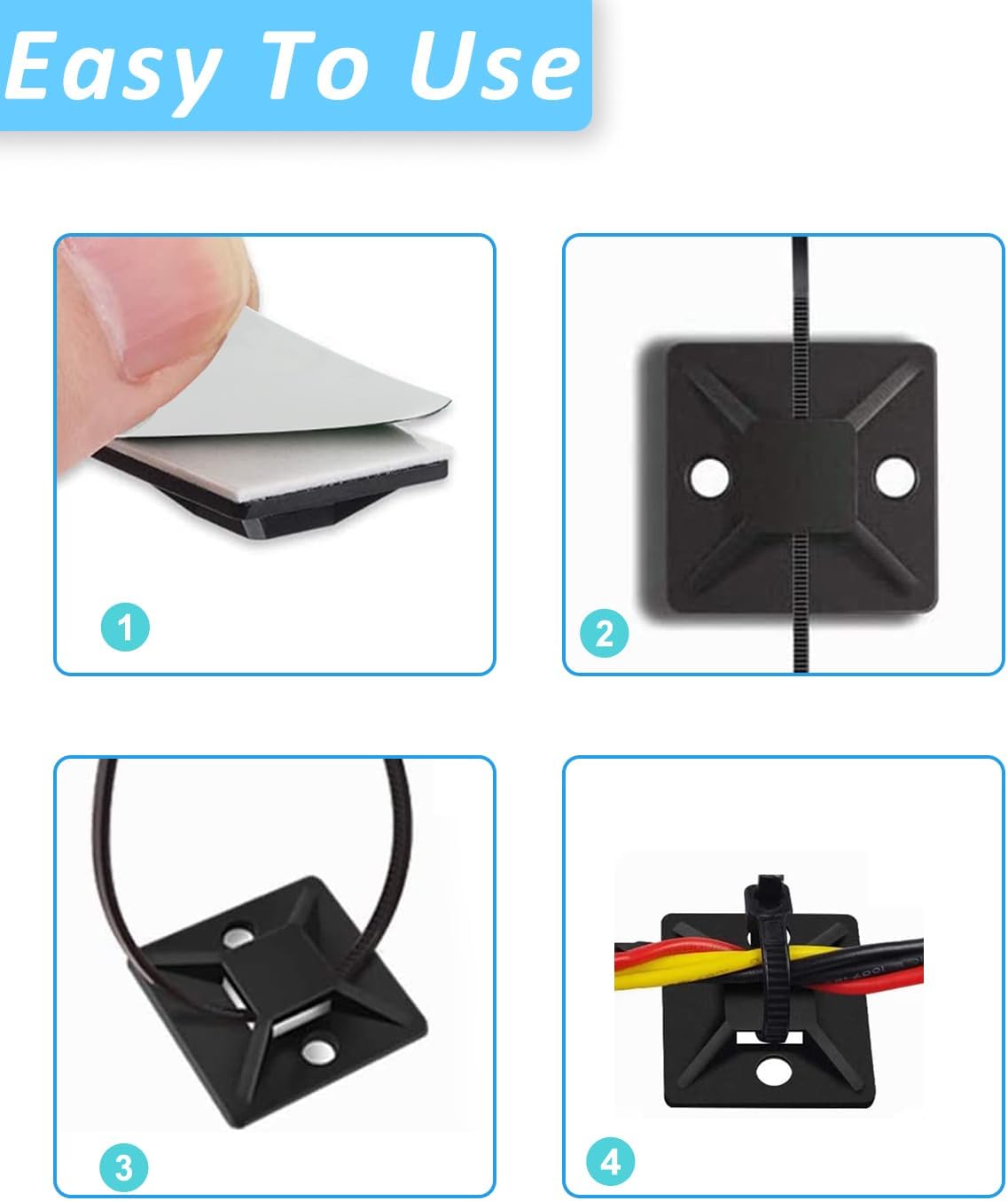 Cable Management Kit - 100 Set Adhesive Cable Zip Tie Mounts with 8" Zip Ties | UV Resistant Wire Organizers for
