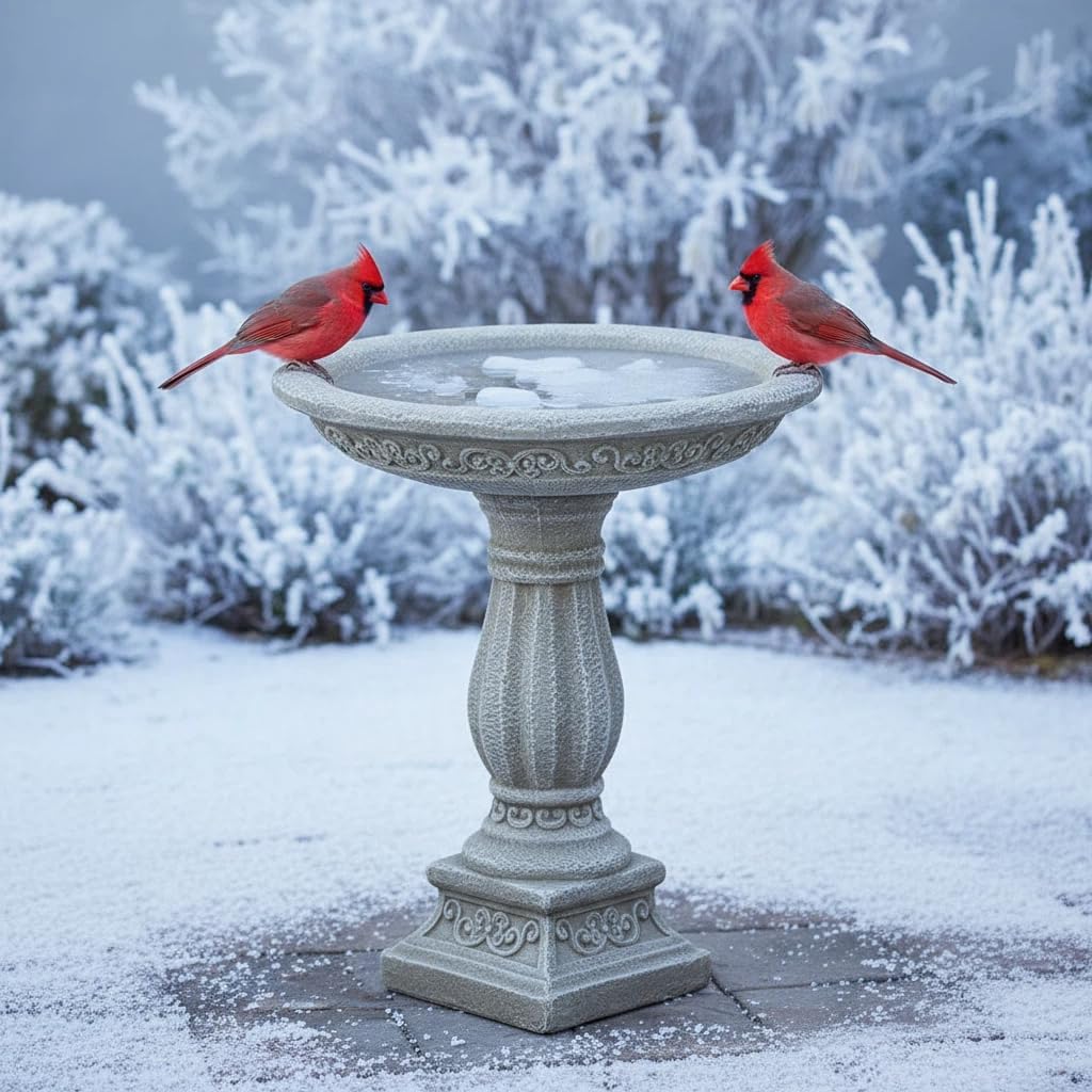 23.8 Inch High Concrete Bird Bath with Carved Pedestal – Birdbath Sturdy & Elegant Design, Stone-Like Texture