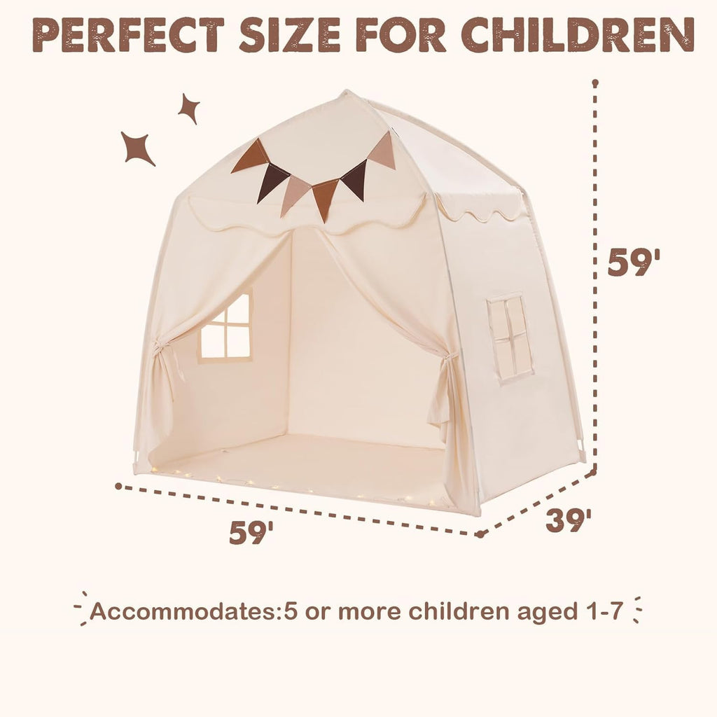 Extra Large Kids Play Tent with Flags & Star Lights, Portable & Foldable Teepee Tents, Dome Tent Playhouse for Indoor