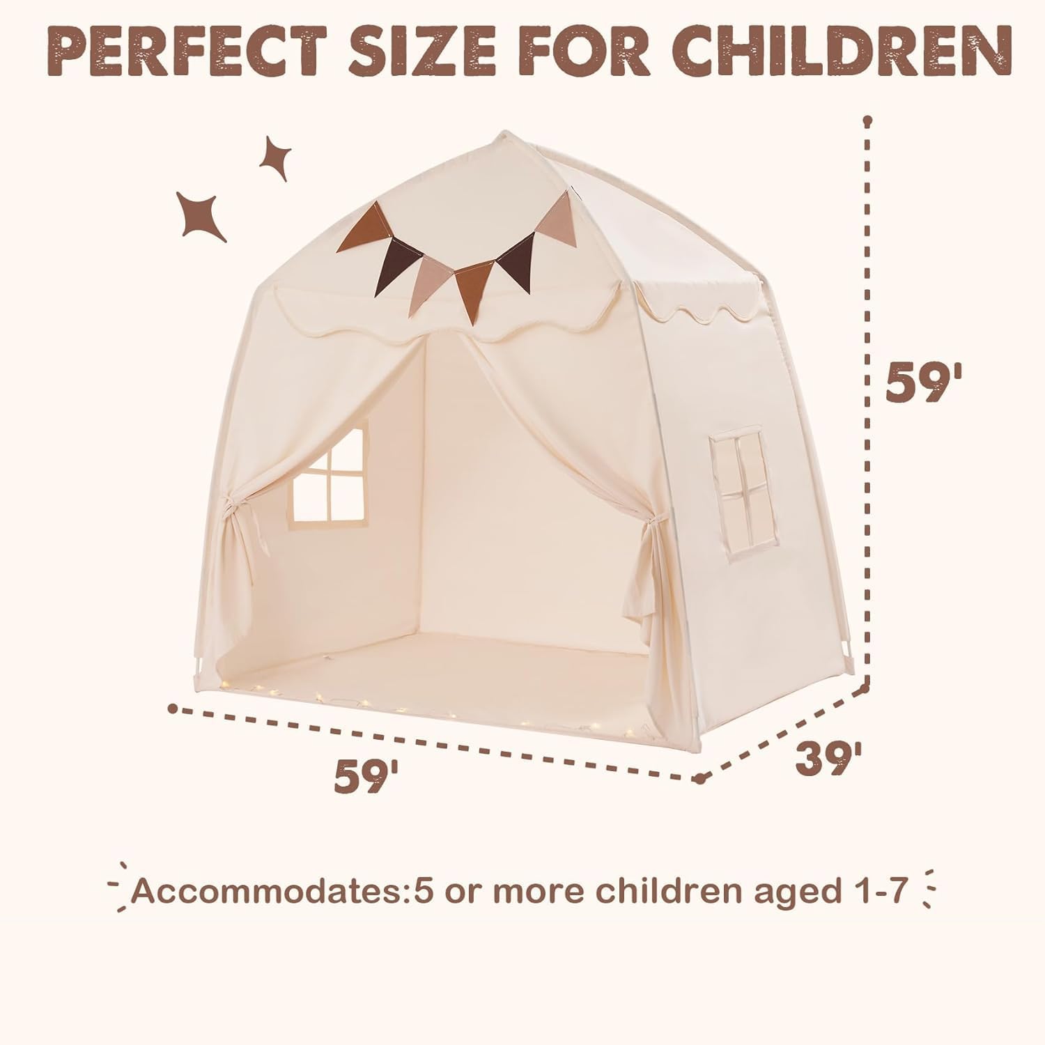 Extra Large Kids Play Tent with Flags & Star Lights, Portable & Foldable Teepee Tents, Dome Tent Playhouse for Indoor