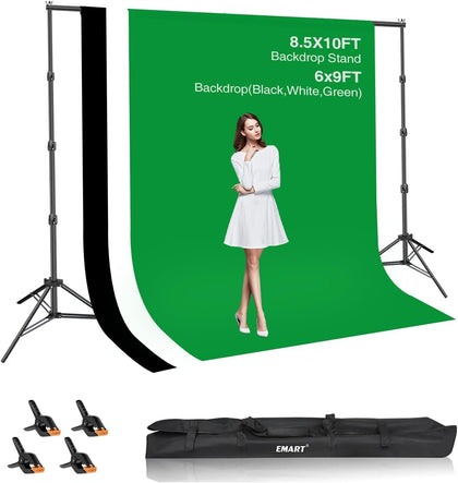 Green Screen Backdrop Kit 8.5x10FT with 3Pcs 6x9ft Backdrop for Party | Adjustable Background Stand with